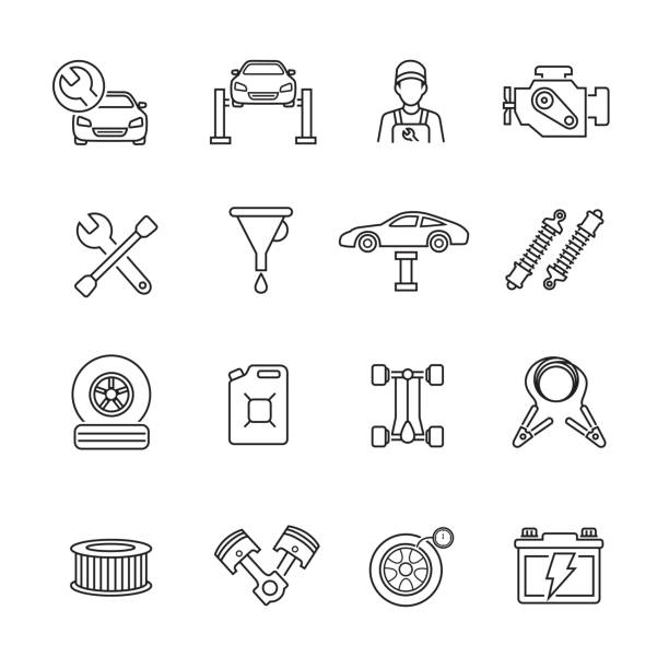 ilustrações, clipart, desenhos animados e ícones de ícones de linha fina do serviço de carro - car symbol repairing auto repair shop