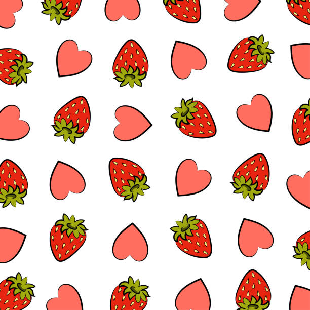 Hearts and strawberries. Texture for Valentine's Day. Hearts and strawberries. Texture for Valentine's Day. On a white background color images of strawberries and hearts. Design element. Vector illustration. chandler strawberry stock illustrations