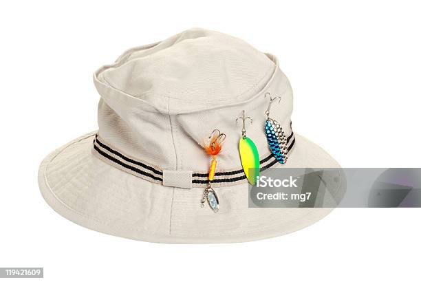 Khaki Hat With Fishing Tackle Stock Photo - Download Image Now