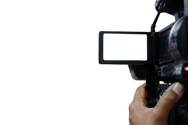 White isolated camera recording video. White isolated display and background for easy to edit your work. Journal or press interview concept.White isolated camera recording video. White isolated display and background for easy to edit your work. Journal or press interview concept.