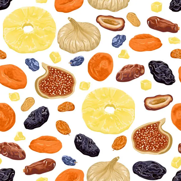 Vector illustration of Dried fruits seamless pattern. Dried figs, apricots, pineapples, raisins, dates and prunes isolated on white background. Vector illustration of sweet dry fruit snacks in cartoon flat style.