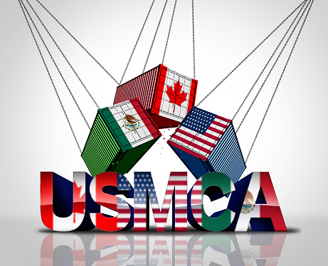 USMCA agreement or the new NAFTA United States Mexico Canada legislation with north america flags as a trade deal negotiation and economic deal for the American Mexican and Canadian government's as a 3D illustration.
