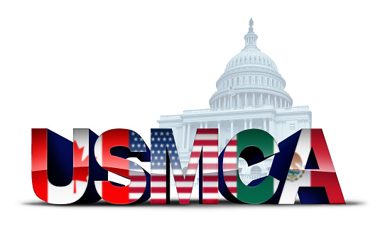 USMCA USA legislation trade agreement or the new NAFTA United States Mexico Canada with north america flags as a deal negotiation and economic deal for the American Mexican and Canadian government's as a 3D illustration.