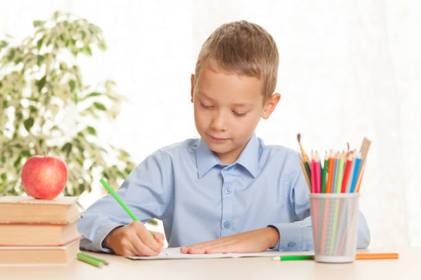 istock Young schoolboy sitting at the table and doing homework 1194223197