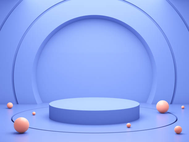 Blue abstract podium with pink spheres Minimal Studio with Round Pedestal and Copy Space. 3d illustration. fashion show photos stock pictures, royalty-free photos & images