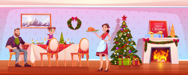 Happy family Christmas dinner, celebrating holiday Family Christmas dinner, happy people celebrating holiday, father and daughter sitting at table mother carry tray with turkey in room with decorated fir tree and fireplace. Cartoon vector illustration christmas fireplace scene cartoons stock illustrations