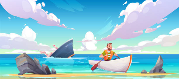 Man escaping from sinking ship after shipwreck Man escaping from sinking ship after shipwreck accident, vessel run aground in ocean, going under water surface, character in life vest rowing in boat to beach with rocks. Cartoon vector illustration sinking ship vector stock illustrations