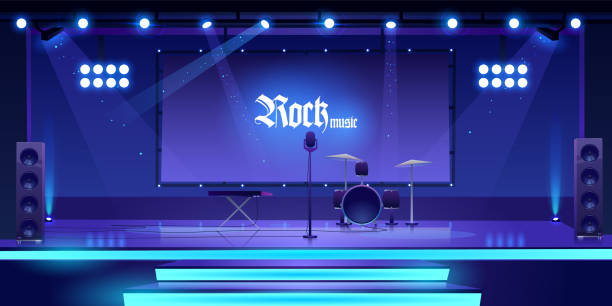 bühne mit rockmusikinstrumenten und -ausrüstung - microphone popular music concert stage music stock-grafiken, -clipart, -cartoons und -symbole