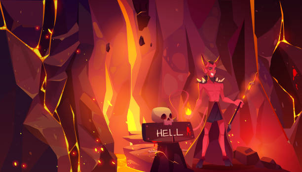 Devil hell horned heck with hooves and pitchfork Devil in hell, horned heck with hooves hold pitchfork stand at entrance to infernal hot cave with lava, burning fire and scull on signboard, path paved with rocks and bones Cartoon vector illustration cartoon of the devils pitch fork stock illustrations