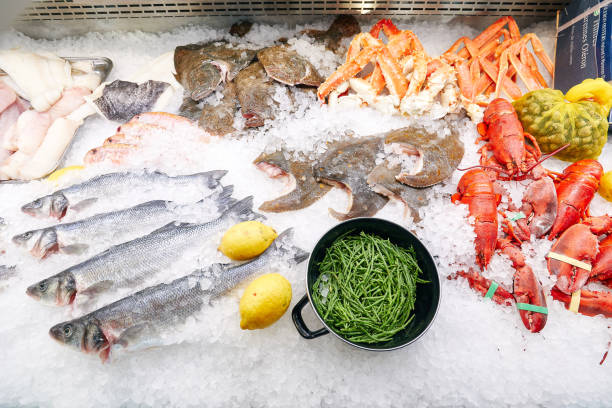 氷、ザリガニ、様々な魚、ハーブ、ロブスター、カニに展示されている冷凍シーフード - variation catch of fish fish prepared fish ストックフォトと画像