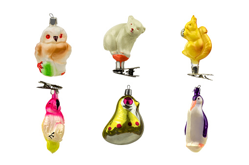 A set of old Soviet New Year's toys from figures of animals and birds / vintage Christmas-tree decorations for the holiday Christmas and New Year