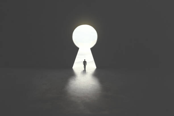 serie of images representing a business man in silhouette walking trough different shaped door in concrete wall