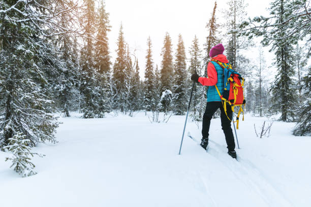 ski touring in the deep fresh snow, yllas, lapland, finland - nordic event fotos imagens e fotografias de stock