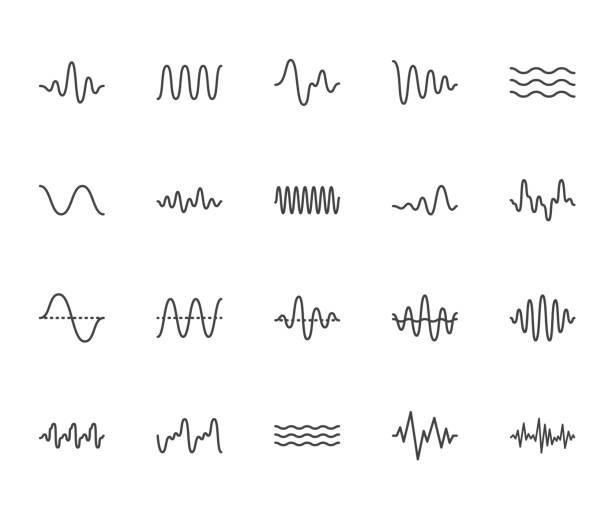 ilustrações, clipart, desenhos animados e ícones de ondas sonoras ícones de linha plana definido. vibração, onda sonora, sinal de voz de áudio, ilustrações abstratas de vetor de frequência de onda. delineie pictograma para aplicativo de música. pixel perfeito 64x64. cursos editáveis - frequência