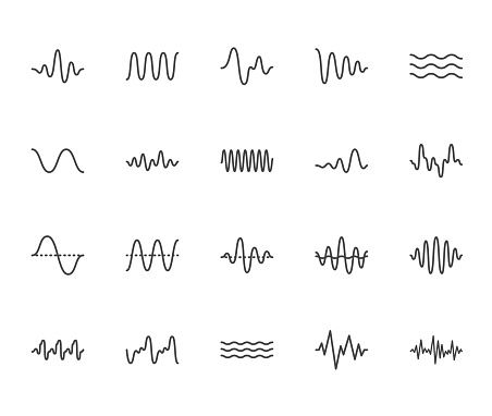 Sound waves flat line icons set. Vibration, soundwave, audio voice signal, abstract waveform frequency vector illustrations. Outline pictogram for music app. Pixel perfect 64x64. Editable Strokes.