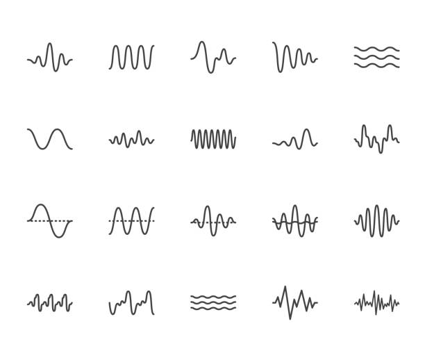 設置聲波平線圖示。振動，聲波，音訊語音信號，抽象波形頻率向量插圖。概述音樂應用程式象形圖.圖元完美64x64。可編輯描邊 - 噪音 插圖 幅插畫檔、美工圖案、卡通及圖標