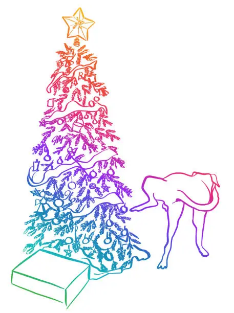 Vector illustration of Dog Peeing On Christmas Tree Rainbow