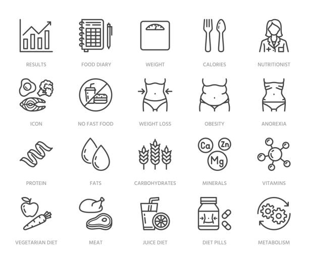 Nutritionist flat line icons set. Diet food, nutritions - protein, fat, carbohydrate, fit body vector illustrations. Outline pictogram for overweight treatment. Pixel perfect 64x64. Editable Strokes Nutritionist flat line icons set. Diet food, nutritions - protein, fat, carbohydrate, fit body vector illustrations. Outline pictogram for overweight treatment. Pixel perfect 64x64. Editable Strokes. healthy eating stock illustrations