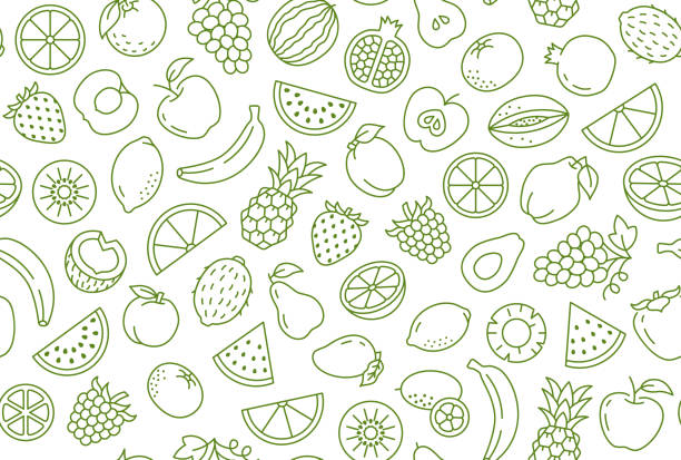 illustrazioni stock, clip art, cartoni animati e icone di tendenza di sfondo frutta e bacche, cibo astratto modello senza soluzione di continuità. carta da parati frutta fresca con mela, banana, fragola, anguria, icone di linea. illustrazione vettoriale di generi alimentari vegetariani, colore bianco verde - frutta