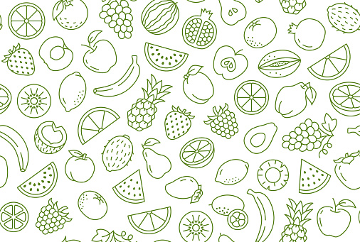 Fruit and berry background, abstract food seamless pattern. Fresh fruits wallpaper with apple, banana, strawberry, watermelon, line icons. Vegetarian grocery vector illustration, green white color.