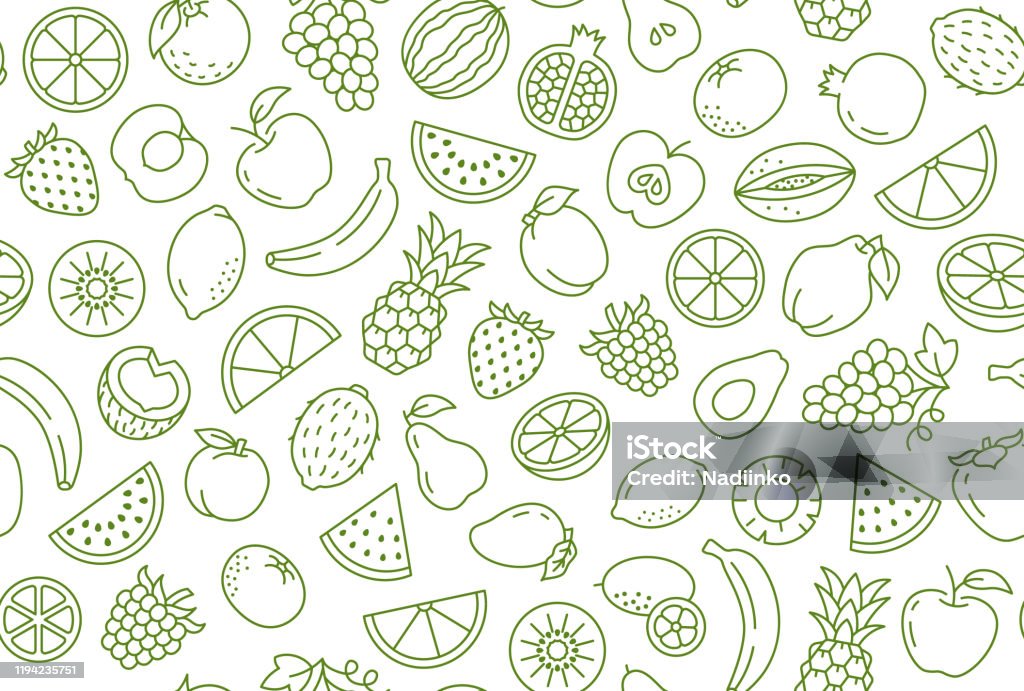 Fruit and berry background, abstract food seamless pattern. Fresh fruits wallpaper with apple, banana, strawberry, watermelon, line icons. Vegetarian grocery vector illustration, green white color Fruit and berry background, abstract food seamless pattern. Fresh fruits wallpaper with apple, banana, strawberry, watermelon, line icons. Vegetarian grocery vector illustration, green white color. Fruit stock vector