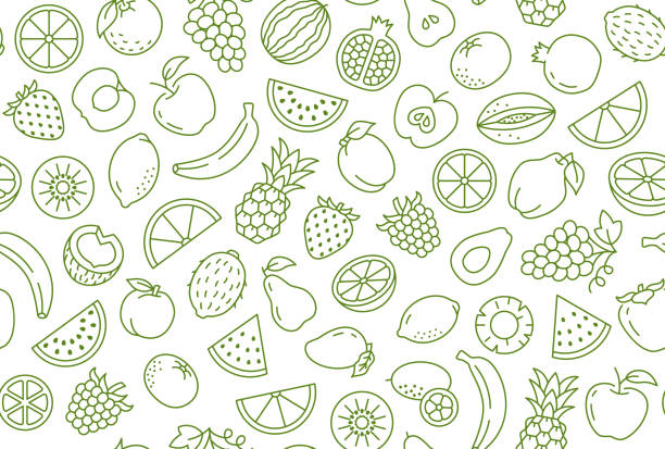 Fruit and berry background, abstract food seamless pattern. Fresh fruits wallpaper with apple, banana, strawberry, watermelon, line icons. Vegetarian grocery vector illustration, green white color Fruit and berry background, abstract food seamless pattern. Fresh fruits wallpaper with apple, banana, strawberry, watermelon, line icons. Vegetarian grocery vector illustration, green white color. fruit backgrounds stock illustrations