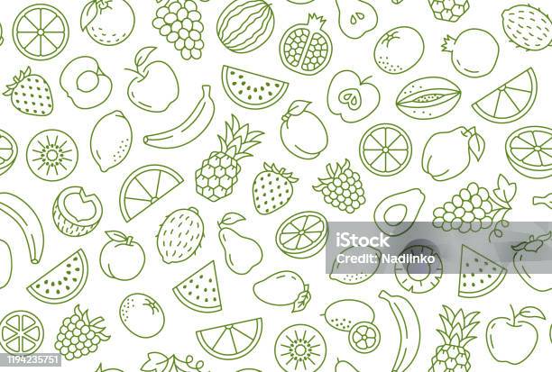 Fruit And Berry Background Abstract Food Seamless Pattern Fresh Fruits Wallpaper With Apple Banana Strawberry Watermelon Line Icons Vegetarian Grocery Vector Illustration Green White Color Stock Illustration - Download Image Now