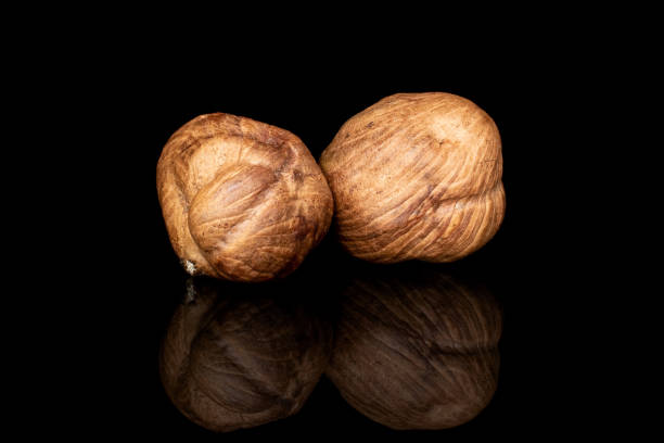 istock Tasty brown hazelnut isolated on black glass 1194237172