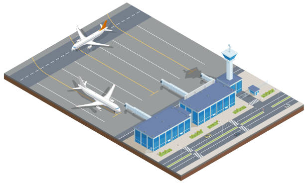 изометрический аэропорт - air traffic control tower airport runway air travel stock illustrations