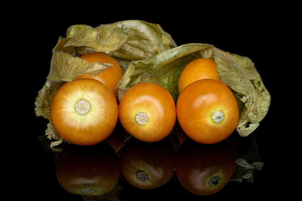 physalis orange frais d'isolement sur le verre noir - cape gooseberries photos et images de collection