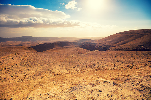 A limitless desert panorama, where golden sands extend beneath the vibrant canvas of the blue sky.