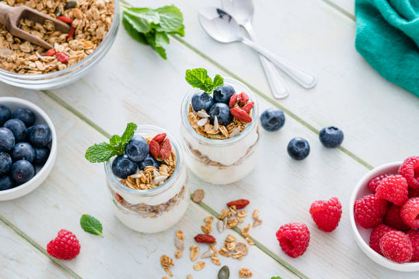 istock Healthy food: homemade yogurt with granola on breakfast table. 1194238840