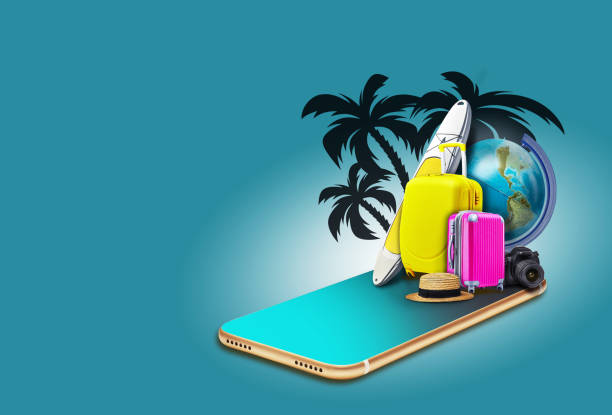 istock Smartphone on blue background with palms. Surfboard, suitcases, globe, hat, camera on it. Tourism and travelling. Collage. Copy space, close-up 1194240641