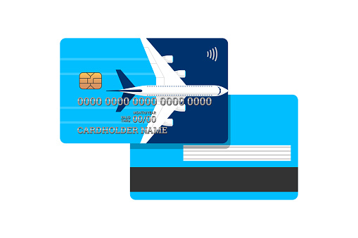 Miles bank card with airplane on blue cover front and back design template. Plastic credit card with bonuses for frequent air travel vector isolated illustration