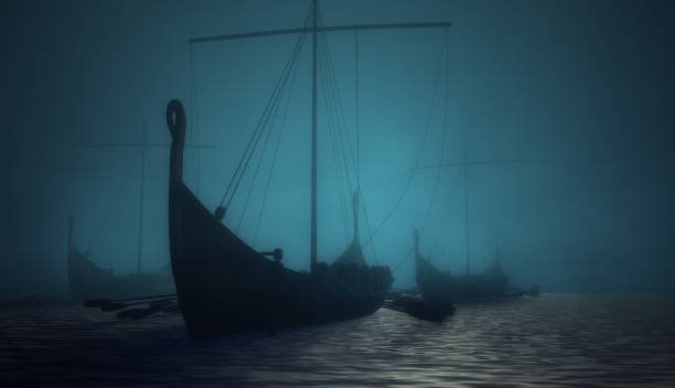 Vikings ships on the blue mysterious water
