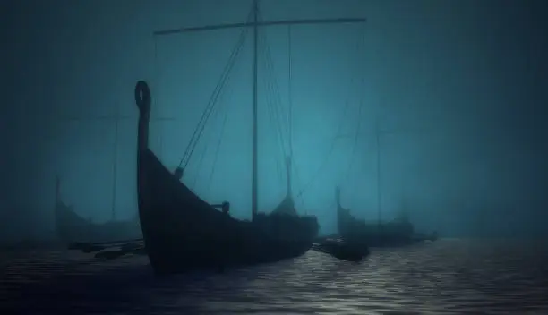 Vikings ships on the blue mysterious water. 3D render illustration.