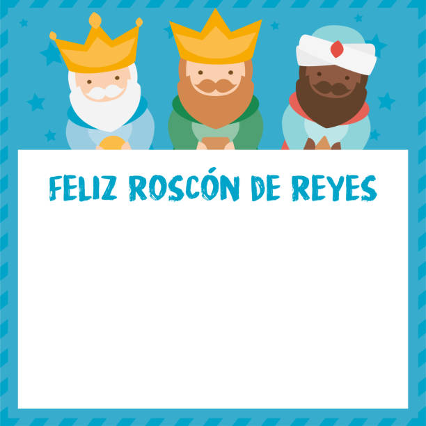 illustrations, cliparts, dessins animés et icônes de étiquette "happy the three kings cake" écrite en espagnol "roscon de reyes" avec les trois rois d'orient - galette des rois