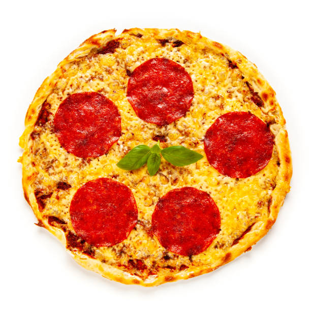 istock Pepperoni pizza with salami and cheese on white background 1194243435