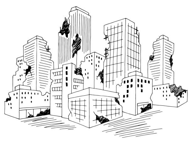 Ruined city graphic black white cityscape skyline sketch illustration vector Ruined city graphic black white cityscape skyline sketch illustration vector drawing of the destroyed city stock illustrations
