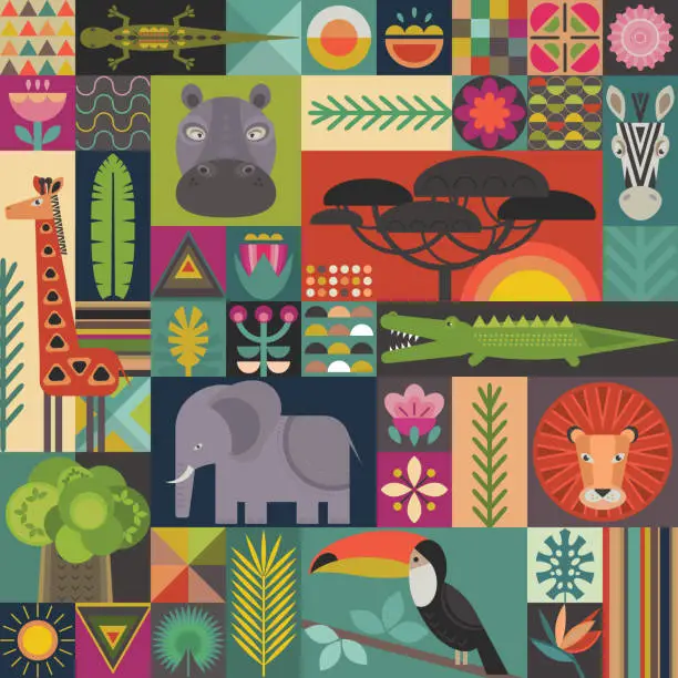 Vector illustration of Vector seamless pattern with geometric cartoon African animals, jungle plants and trees. Patchwork mosaic design.