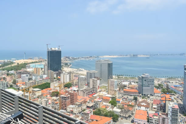 aerial view of downtown luanda, bay and port of luanda, marginal and central buildings, in angola - baia de luanda imagens e fotografias de stock