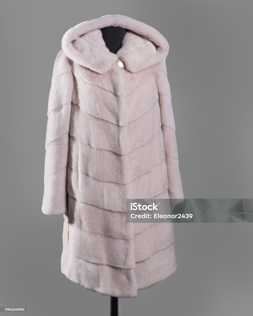 Long White Fur Coat Made Of Mink Fur Cut In Transverse Stripes With A ...