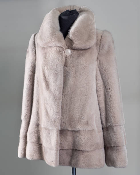istock Light mink coat, avtoledi, decor transverse stripes on the hem and sleeves. Horizontal frame 1194246063