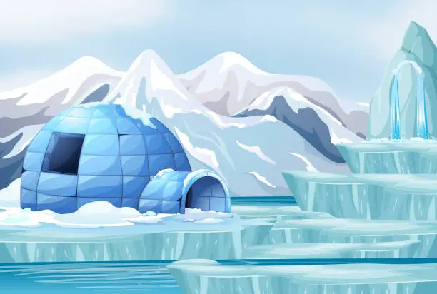 Vector illustration of Background scene with igloo on ice