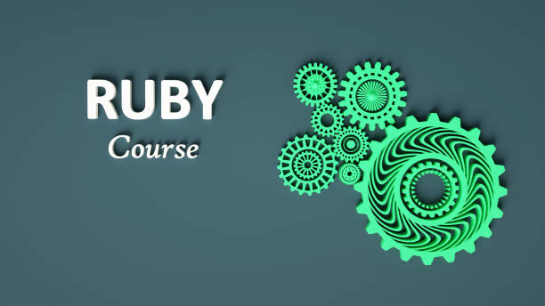 istock 3d illustration of inscription Ruby course with composition of green interlocking gears on grey background. Ruby learning. Ruby concept banner 1194248854