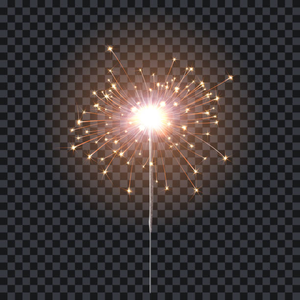 Sparkler or bengal fire lighting element festive decoration. Magic firework for holiday and birthday. Isolated on transparent background. Vector stock illustration Sparkler or bengal fire lighting element festive decoration. Magic firework for holiday and birthday. Isolated on transparent background. Vector stock illustration. fireworks and sparklers stock illustrations