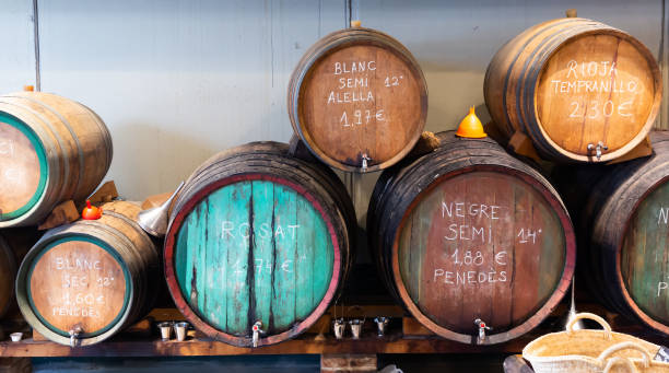 wino z beczek drewnianych w katalońskim sklepie - alcohol wine barrel la rioja zdjęcia i obrazy z banku zdjęć