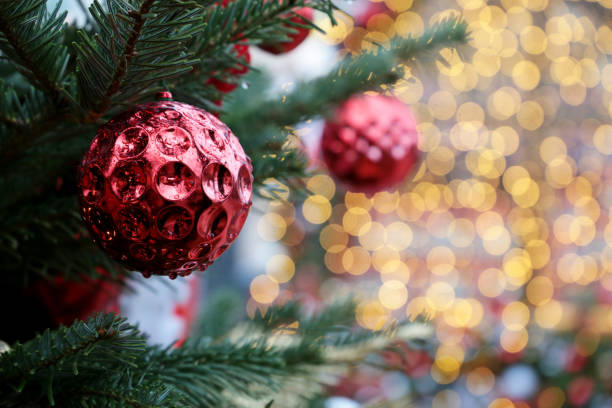 istock Christmas decorations on a fir branches on festive lights background, night illumination 1194256785