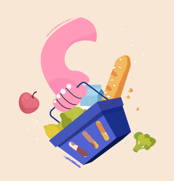 Hand holds shopping basket full of fresh produce. Buy grocery in the supermarket. Goods products into blue container. Modern flat vector illustration Hand holds shopping basket full of fresh produce. Buy grocery in the supermarket. Goods products into
blue container. Modern flat vector illustration fruit cart vendor stock illustrations