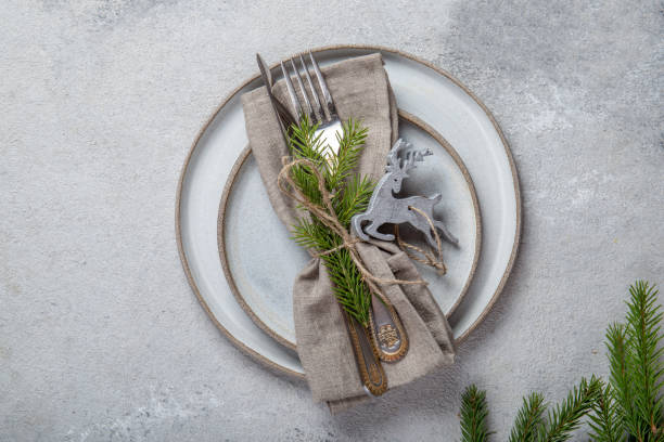 istock Cristmas table cutlery set with holiday decoration. Top view, copy space 1194258264